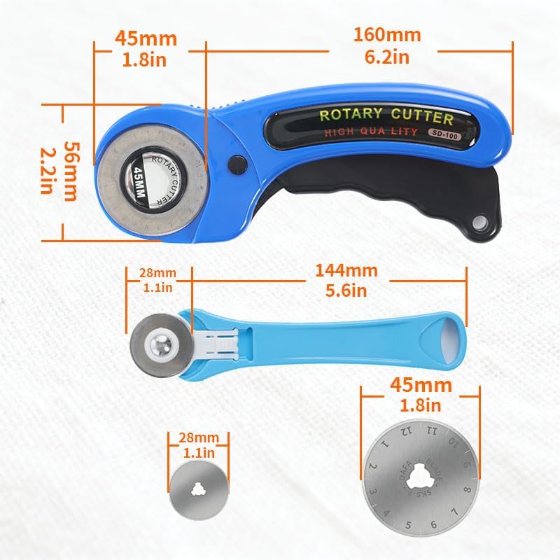 VortecSys Rotary Cutter for Fabric, 45mm and 28mm Rotary Cutters Kit with Extra 10 Blades, Ergonomic Rolling Cutter with Safety Lock, Suitable for Leather, Crafting, Sewing, and Quilting Fabric (Blue) - Image 2